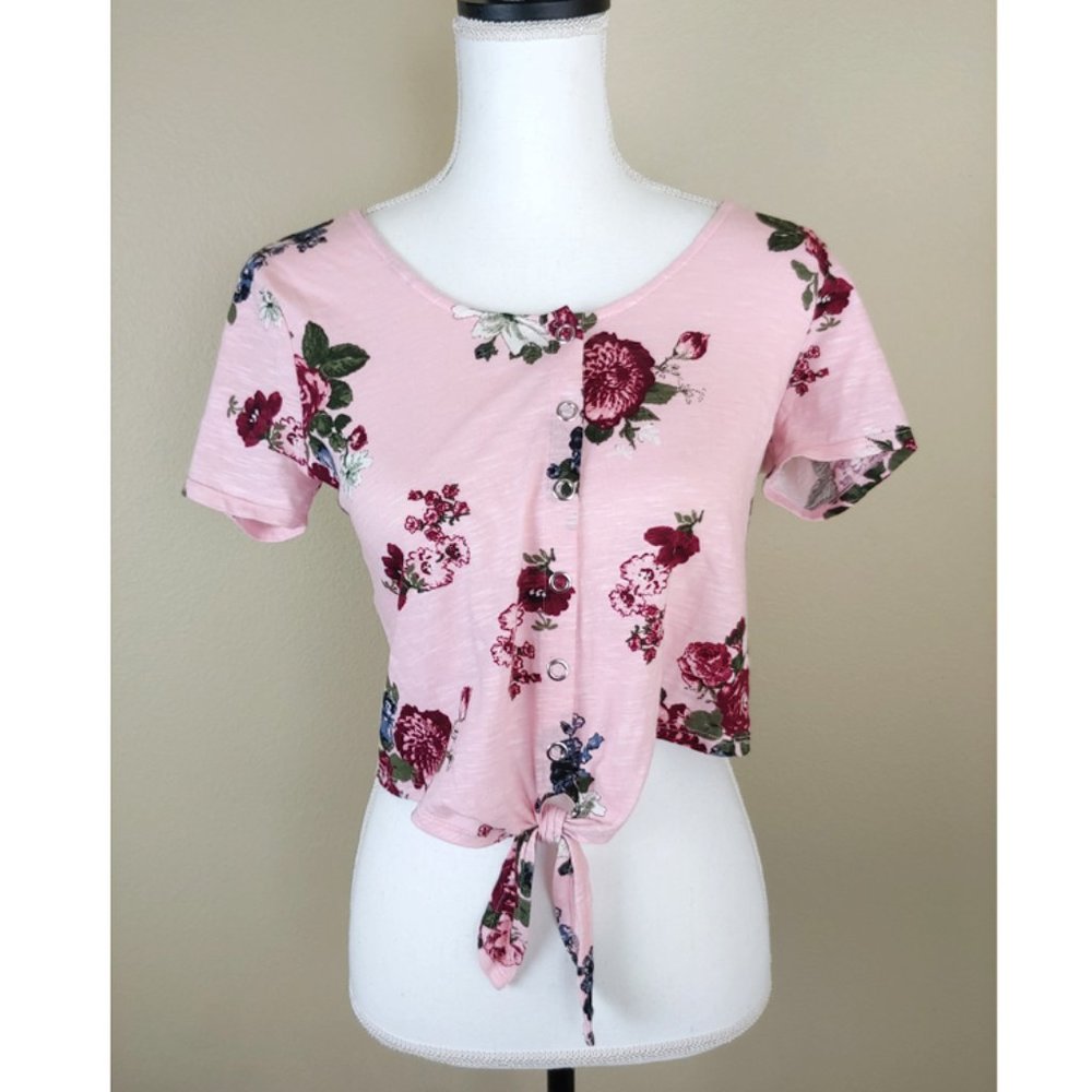Eyeshadow Blouse Pink Roses Crop Tie Front Buttons